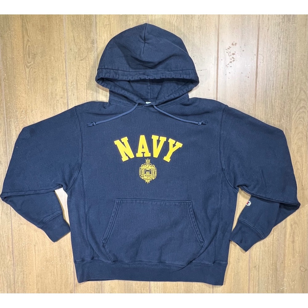 Champion Reverse Weave Navy Hoodie US Naval Academy Blue Yellow Sweatshirt L